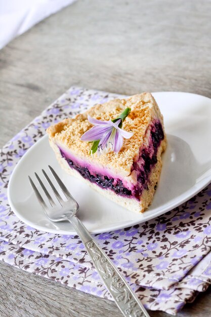 Photo morceau de gâteau aux bleuets sur une plaque