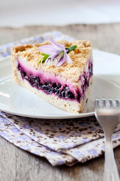 Morceau de gâteau aux bleuets sur une plaque