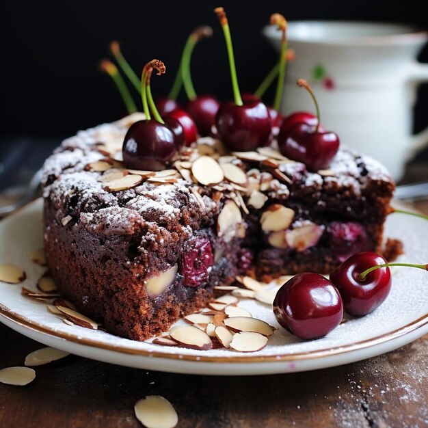 un morceau de gâteau aux cerises et aux amandes sur une assiette