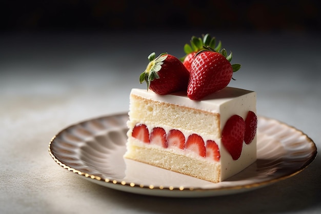 Un morceau de gâteau aux fraises avec une tranche découpée.