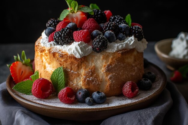 Un morceau de gâteau avec des baies sur le dessus