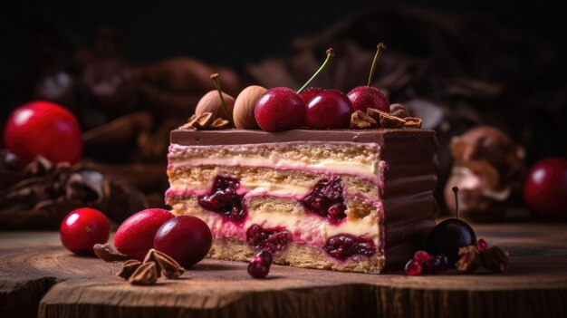 Un morceau de gâteau avec des cerises sur le dessus