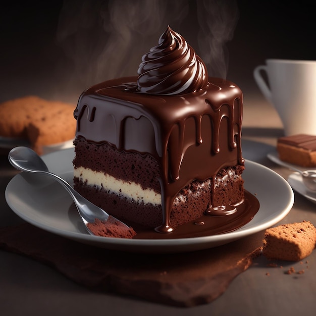 Un morceau de gâteau avec une cuillère sur une assiette avec un glaçage au chocolat.