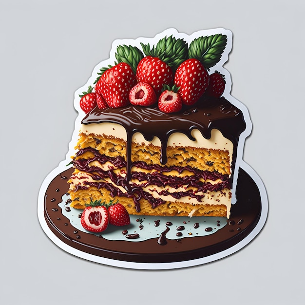 Un morceau de gâteau avec du glaçage au chocolat et des fraises dessus.