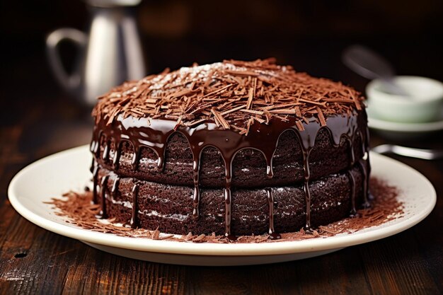 Un morceau de gâteau avec du glaçage au chocolat et des noix