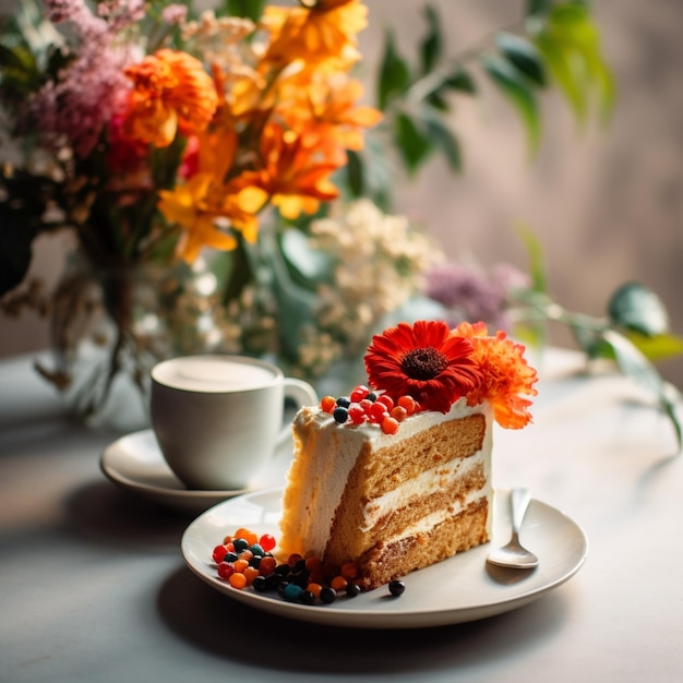 Un morceau de gâteau avec une fleur dessus et une tasse de café en arrière-plan.