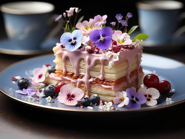 Un morceau de gâteau avec des fleurs dessus image générative ai