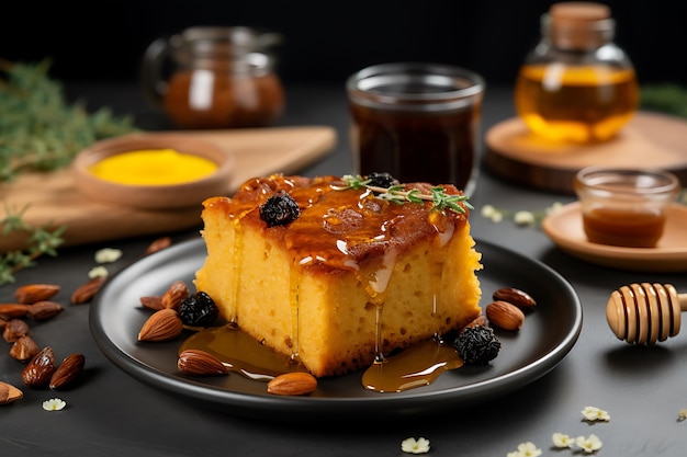 Photo un morceau de gâteau frais avec du miel.