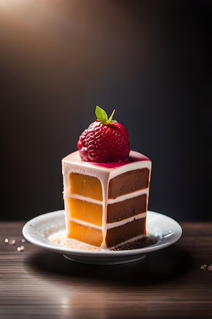 Un morceau de gâteau avec une fraise dessus