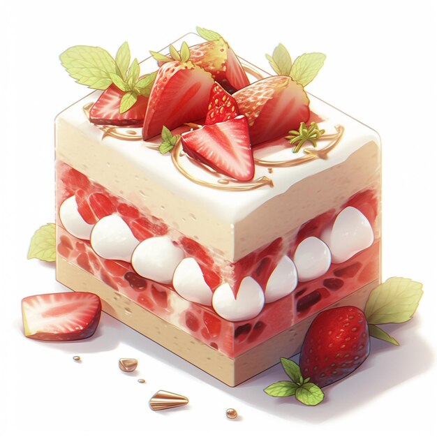 Un morceau de gâteau avec des fraises et de la crème dessus