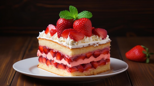 Un morceau de gâteau avec des fraises sur le dessus