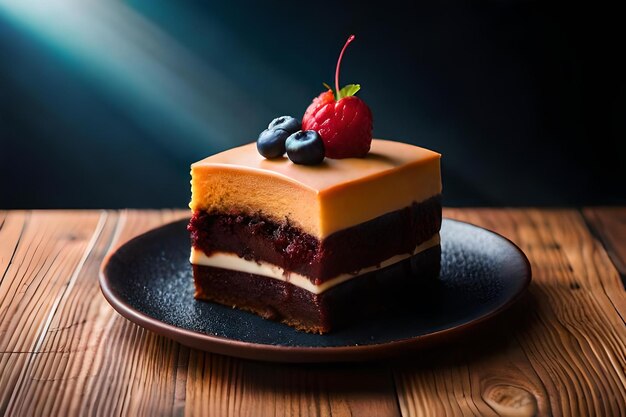 Un morceau de gâteau avec des fruits sur une assiette