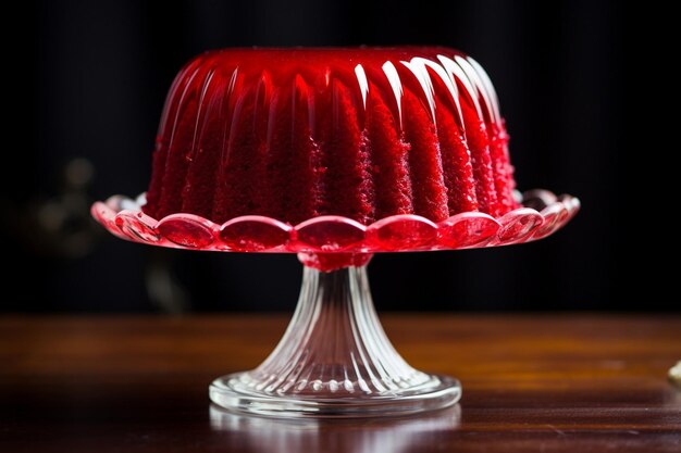 Un morceau de gâteau à la gelée de fraise sur une assiette blanche sur fond rouge