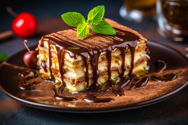 un morceau de gâteau avec un glaçage au chocolat et une fraise sur le dessus.