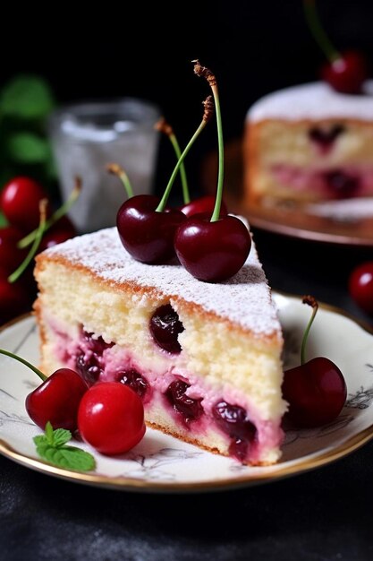 Photo un morceau de gâteau avec un glaçage blanc et des cerises dessus