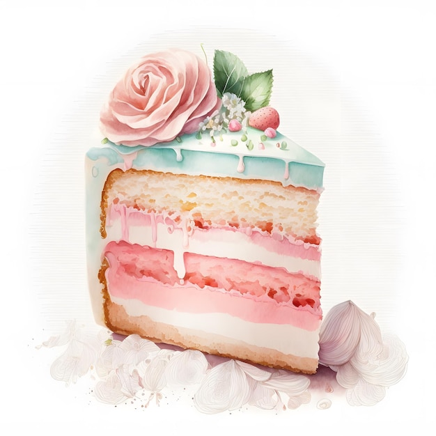 Un morceau de gâteau avec un glaçage rose et bleu et une fraise sur le dessus