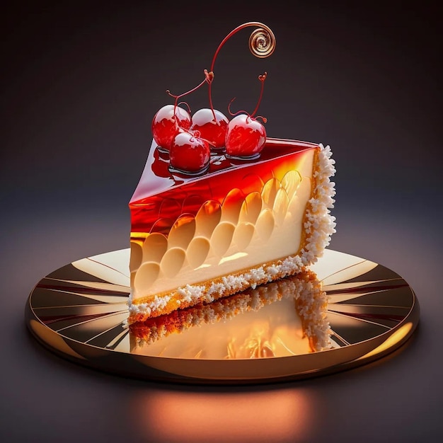 Un morceau de gâteau avec un glaçage rouge et brun et des cerises sur le dessus.