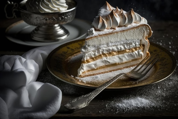 Morceau de gâteau à la meringue sur une assiette saupoudrée de sucre en poudre