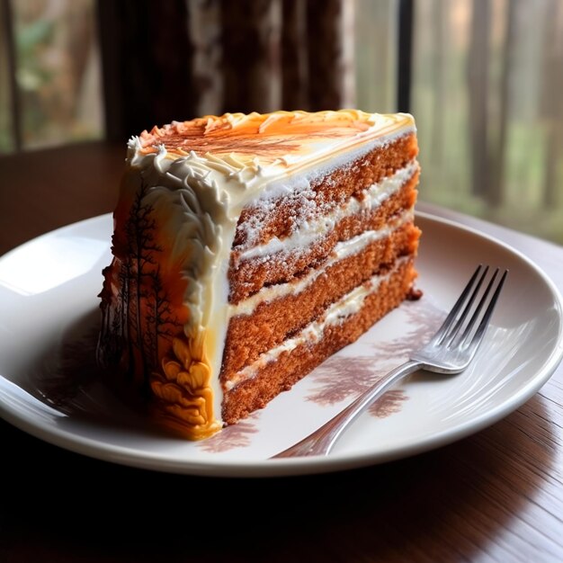 Un morceau de gâteau d'orange sur une assiette sur une table en bois Un délicieux dessert