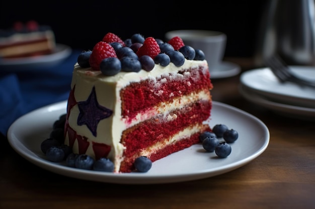 Morceau de gâteau sur la plaque aux couleurs du symbole national du drapeau américain libre de dessert concept de célébration de la fête de l'indépendance des États-Unis AI générative