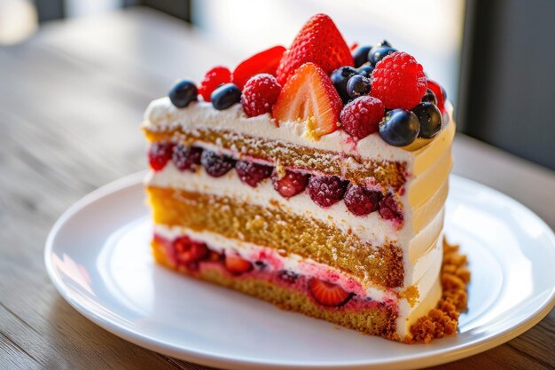 Un morceau de gâteau sur un plat blanc