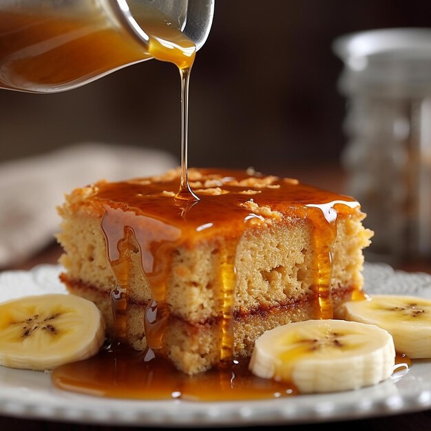 Un morceau de gâteau avec une sauce au caramel arrosé dessus.