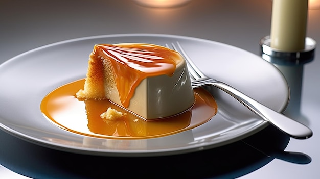 un morceau de gâteau avec une sauce au caramel sur une assiette