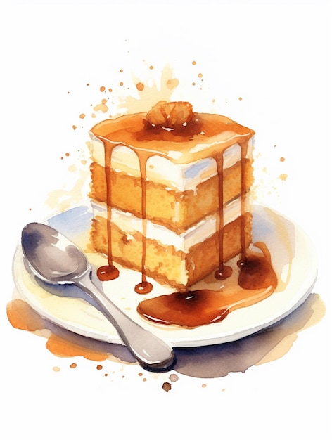 Un morceau de gâteau avec une sauce au caramel dessus