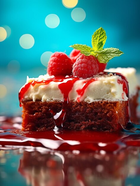 Photo un morceau de gâteau avec une sauce aux framboises et une sauce aux framboises