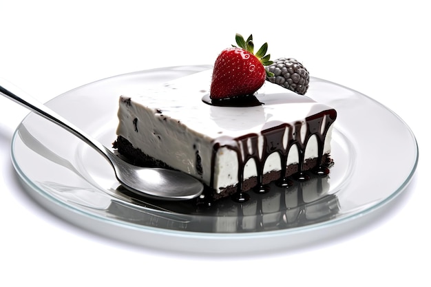un morceau de gâteau avec un sirop de fraise et de chocolat sur le dessus