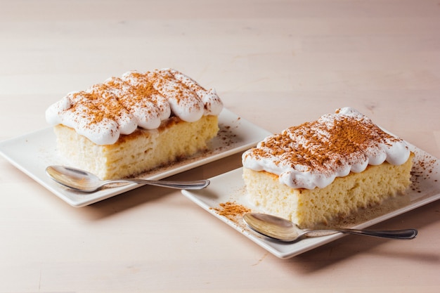 Un morceau de gâteau trois lait prêt à manger