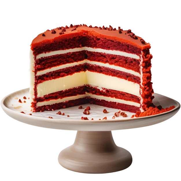 Un morceau de gâteau de velours rouge en couches isolé sur un chemin de coupe à fond blanc