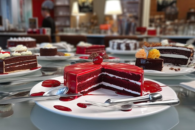 Morceau de gâteau de velours rouge sur la table d'un magasin de bonbons Ai générative