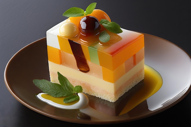 Morceau de gelée de pêche aux fruits frais oriental dans un gâteau de dessert shu créé avec une IA générative