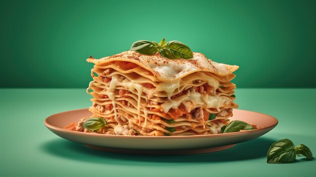 Photo un morceau de lasagne chaude savoureuse servi avec une feuille de basilic sur une assiette grise recette de menu de cuisine italienne