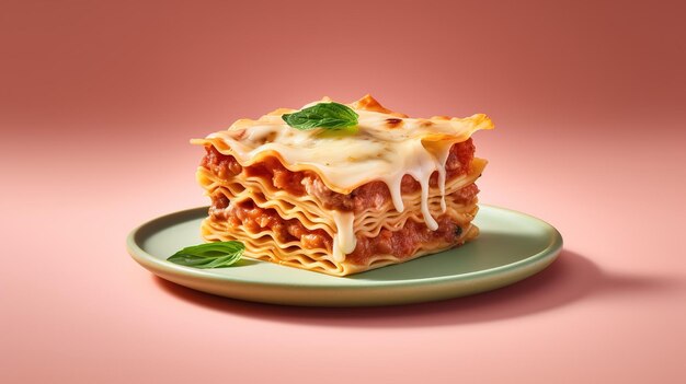 Photo un morceau de lasagne chaude savoureuse servi avec une feuille de basilic sur une assiette grise recette de menu de cuisine italienne