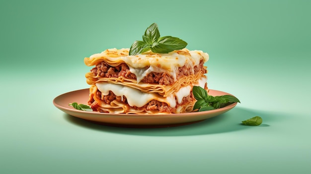 Un morceau de lasagne chaude savoureuse servi avec une feuille de basilic sur une assiette grise recette de menu de cuisine italienne