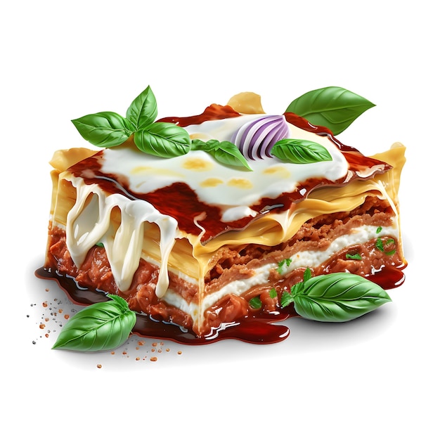 Un morceau de lasagne avec une sauce et du basilic sur le dessus.