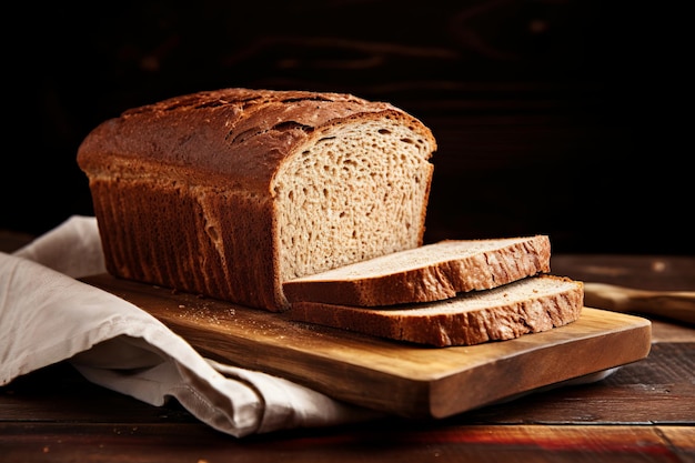 Un morceau de pain de blé sur une planche de bois brun rustique