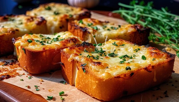 Photo un morceau de pain avec du fromage et des herbes dessus