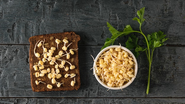 Un morceau de pain avec des haricots mungo germés et une branche de persil sur une table en bois noir