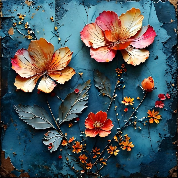 un morceau de papier bleu avec des fleurs et des feuilles dessus