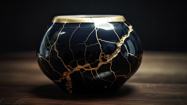 Un morceau de poterie qui a été réparé avec l'art kintsugi doré avec la technologie Generative AI