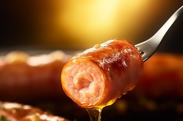 Un morceau de saucisse est trempé dans la sauce Déjeuner dans un restaurant qu'une femme coupe Sau grillé IA générative