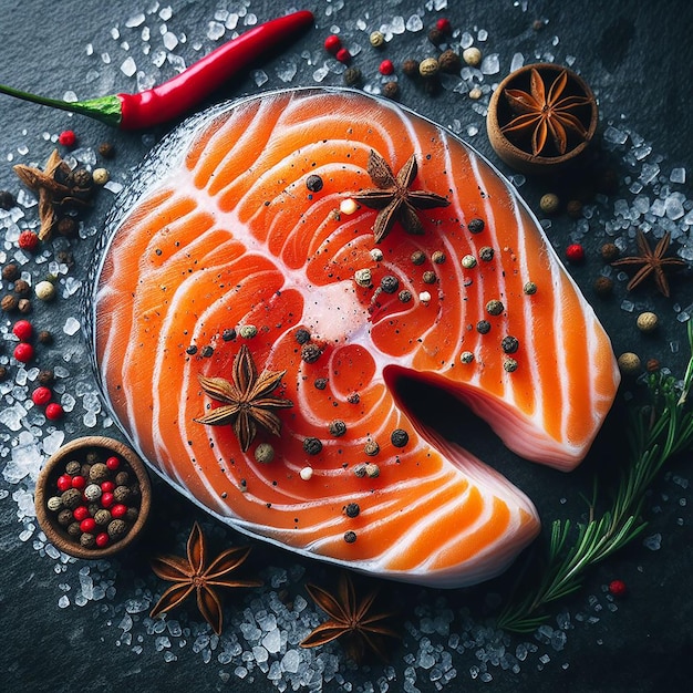 Photo un morceau de saumon grillé avec des épices salées et des légumes a généré