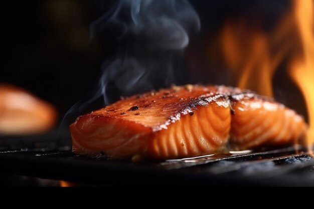 Photo un morceau de saumon juteux sur un gril chaud