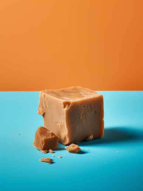 Un morceau de savon au caramel est posé sur une table bleue avec un fond orange.