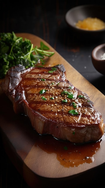 Un morceau de steak sur une planche à découper en bois AI générative