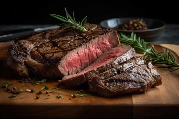 Un morceau de steak sur une planche à découper avec un brin d'IA générative de romarin