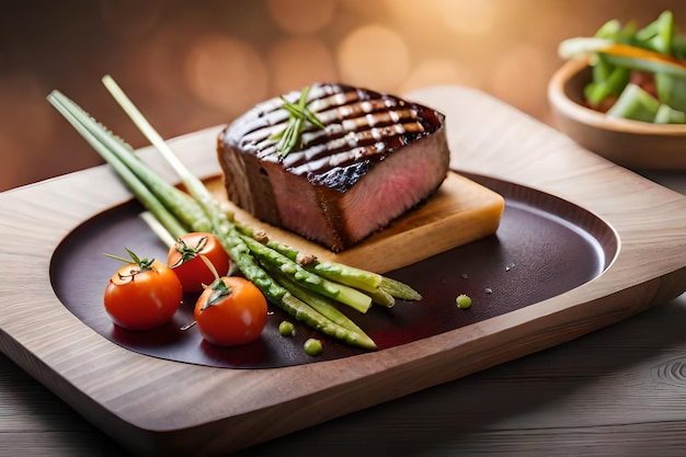 un morceau de steak avec des tomates et du céleri